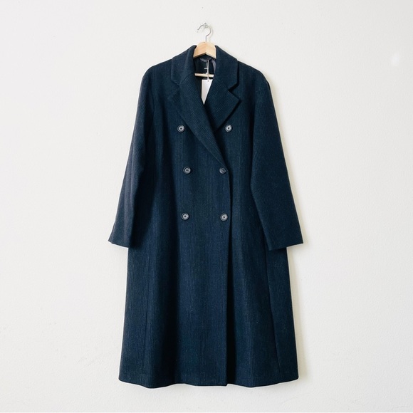 NWT Mango LARGE Check Wool-blend double breasted pea coat- black/gray - Picture 2 of 11